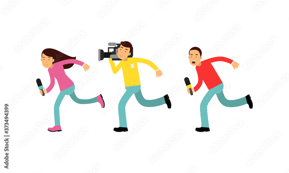 Man and Woman as News Program Crew Running with Microphone and Camera for TV Broadcasting Vector Illustration Set