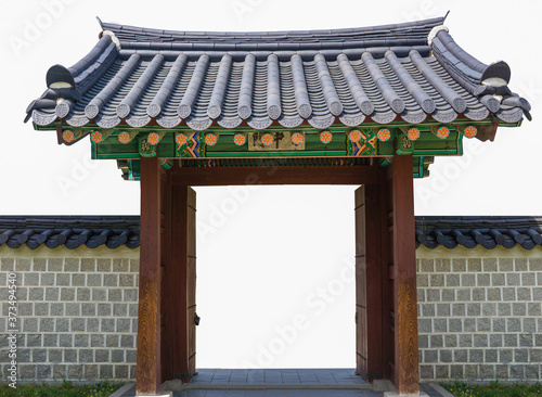 Traditional Seoul palace door open isolated on white background. Geyongbokgung and hanok style door from South Korea