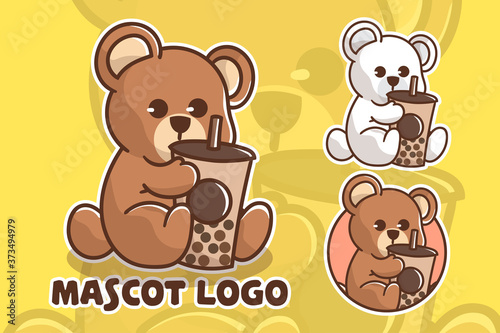 set of cute bear boba mascot logo with optional appearance. premium kawaii vector 