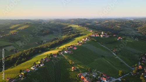 Aerial drone view of vineyard at sunset, northeastern Slovenia
Kog aerial view - village in the hills northeast of Ormož in northeastern Slovenia photo