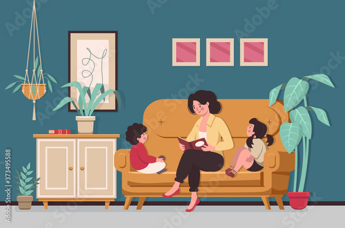 Mom reading for little son and daughter in the room. Mom with children sits at home. Reading book together. Home education. Flat cartoon vector illustration.