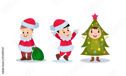 Happy Children Dressed in Christmas Costumes Vector Illustration Set © Happypictures