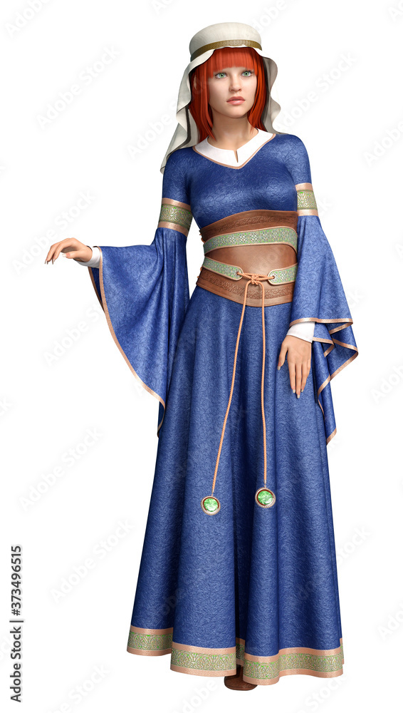 3D Rendering Medieval Lady on White