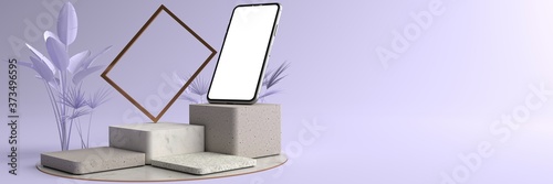 The Smartphone white screen on Square marble Pedestal, Mobile phone mockup tilted to the ground. Pedestal can be used for commercial advertising, Isolated on Minimal violet background, 3D rendering.