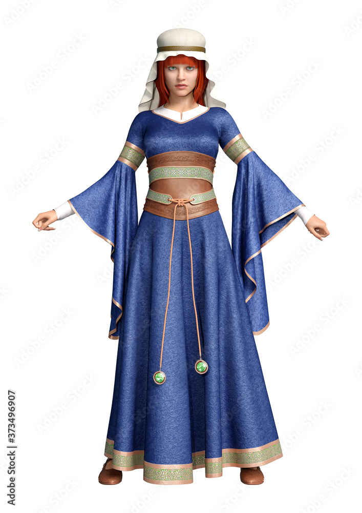 3D Rendering Medieval Lady on White