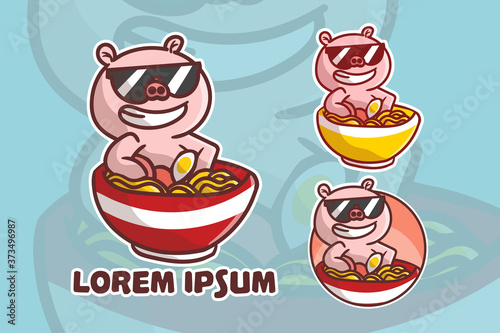 set of cute pig ramen mascot logo with optional appearance. premium kawaii vector
