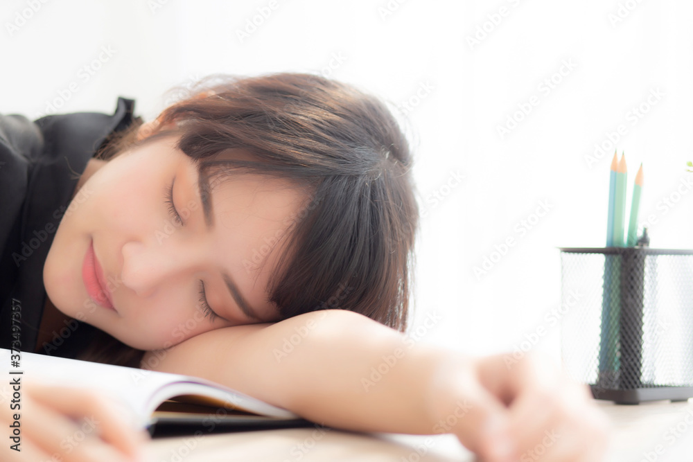 Φωτογραφία Beautiful portrait young asian woman learning exam or homework and sleep with tired and stress, lifestyle beauty asia girl having fatigue with work, education and business concept