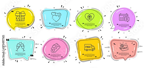 Romantic gift, Travel calendar and Love letter signs. Speech bubbles with quotes. Sale, Gift box and Heart line icons set. Free delivery, Champagne glasses symbols. Vector