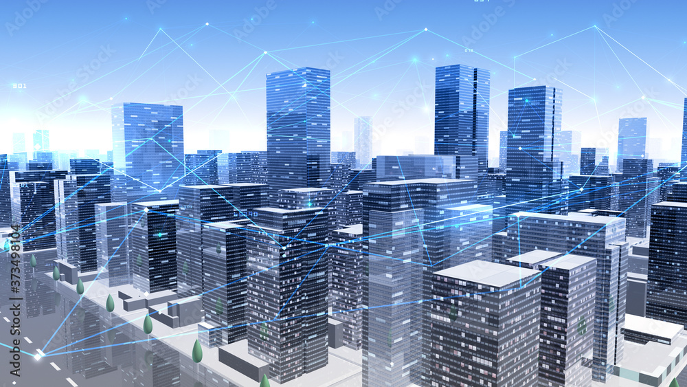 Naklejka premium Digital City Network Building Technology Communication Data Business 3D illustration Background