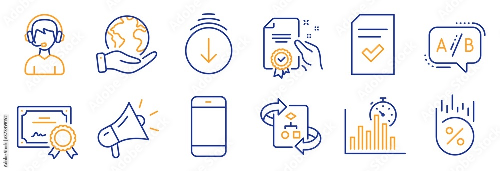 Set of Technology icons, such as Scroll down, Smartphone. Certificate, save planet. Certificate, Ab testing, Megaphone. Report timer, Loan percent, Technical algorithm. Vector Set of Technology icons, such as Scroll down, Smartphone. Certificate, save planet. Certificate, Ab testing, Megaphone. Report timer, Loan percent, Technical algorithm. Vector