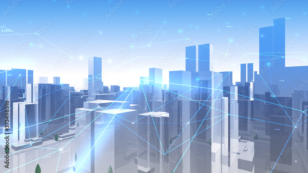 Digital City Network Building Technology Communication Data Business 3D illustration Background
