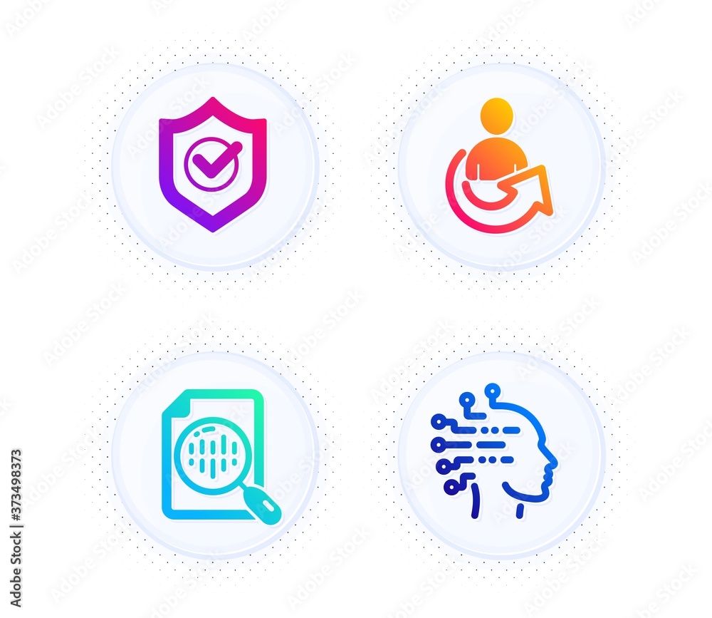 Approved shield, Analytics chart and Share icons simple set. Button with halftone dots. Artificial intelligence sign. Protection, Report analysis, Referral person. Mind intellect. Vector