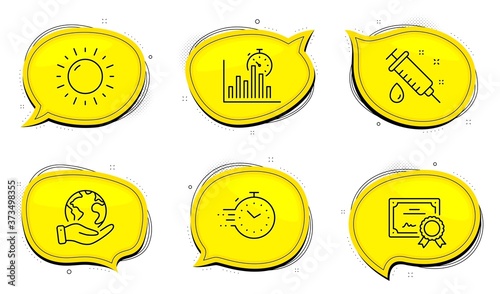 Timer sign. Diploma certificate, save planet chat bubbles. Medical syringe, Report timer and Sunny weather line icons set. Vaccination, Growth chart, Sun. Deadline management. Science set. Vector