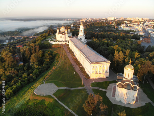 The Cathedral of Saint Demetrius and Dormition Cathedral in Vladimir. Russia.  Photographed on drone at dawn. UNESCO world heritage. photo