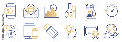 Set of Education icons, such as Idea, Usb flash. Certificate, save planet. Time management, Chemistry lab, Timer. Phone payment, Report timer, Mobile devices. Web mail, Microscope line icons. Vector