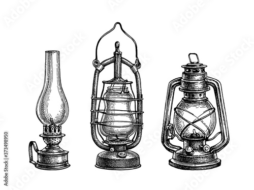 Ink sketches of kerosene lamps.