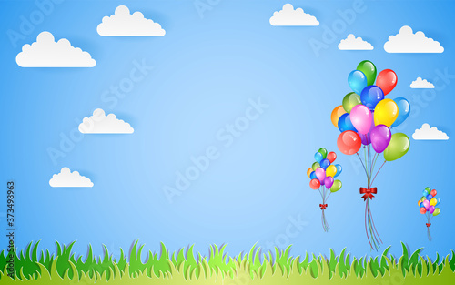 Flying vector festive balloons shiny with glossy balloons for holiday countryside on sky