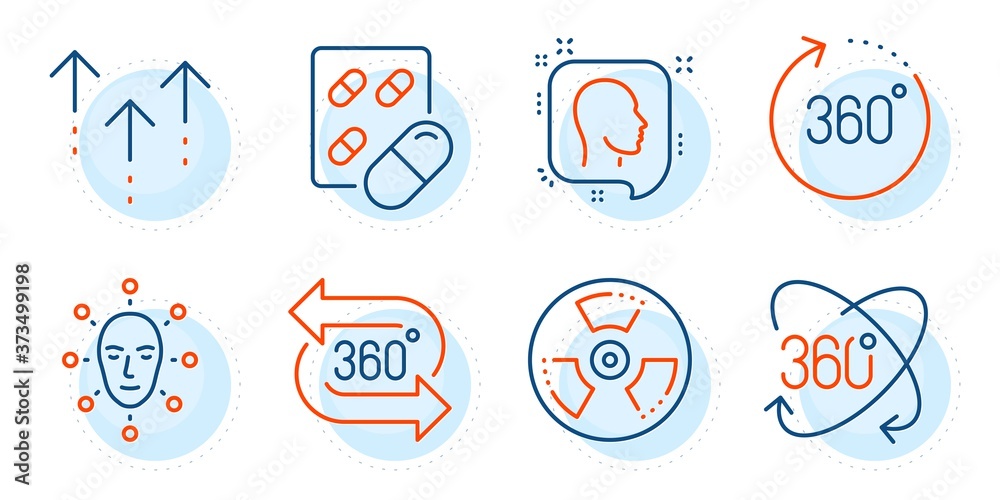 Full rotation, Face biometrics and Head signs. 360 degree, Swipe up and Capsule pill line icons set. Chemical hazard, 360 degrees symbols. Virtual reality, Scrolling arrow. Science set. Vector