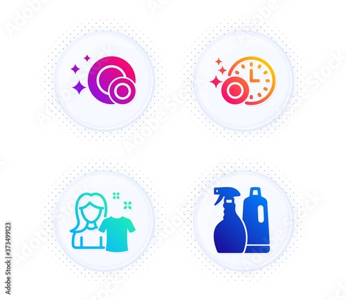 Clean dishes, Clean shirt and Dishwasher timer icons simple set. Button with halftone dots. Shampoo and spray sign. Dishwasher concept, Laundry t-shirt, Cleaning dishes. Washing liquids. Vector