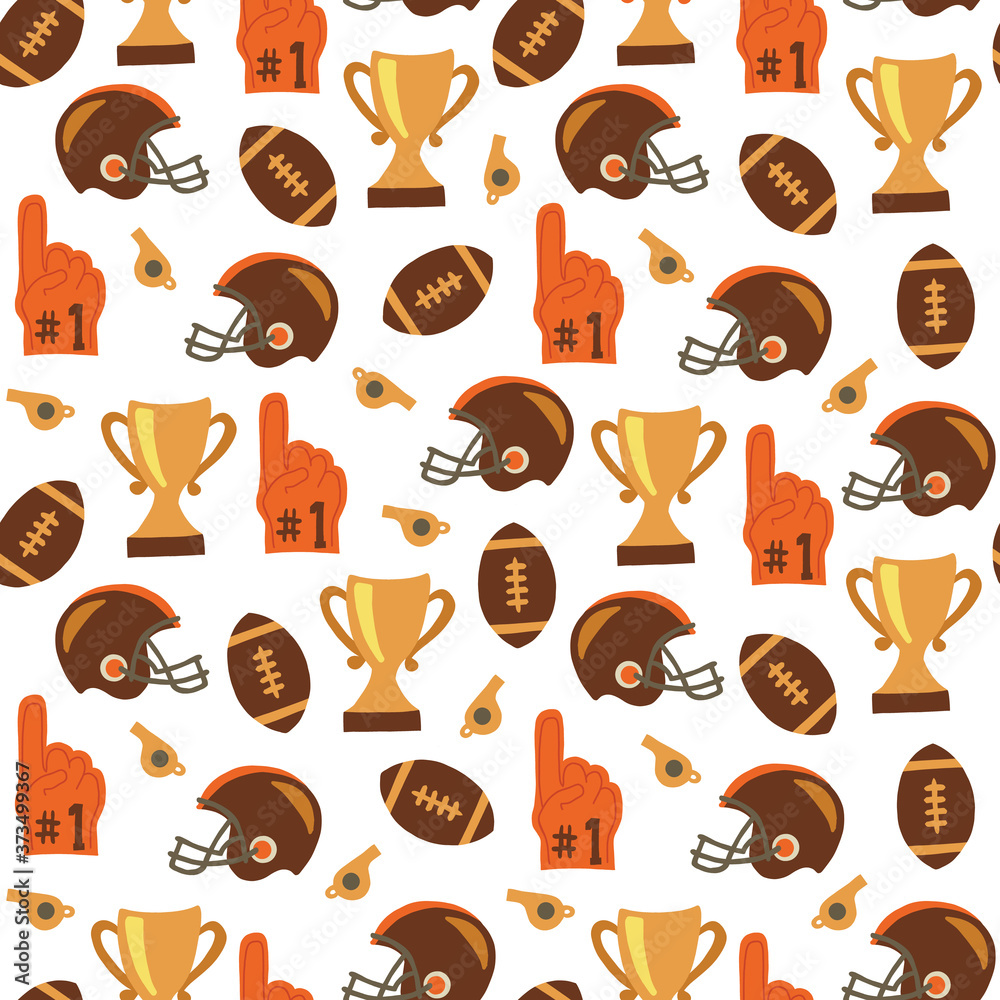 American Football seamless vector pattern. Sports equipment background. Football helmet, foam finger, trophy, whistle. Use for fabric, wallpaper, surface pattern design, sports wear
