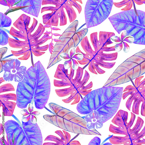 Watercolor abstract summer seamless pattern with tropical exotic plants