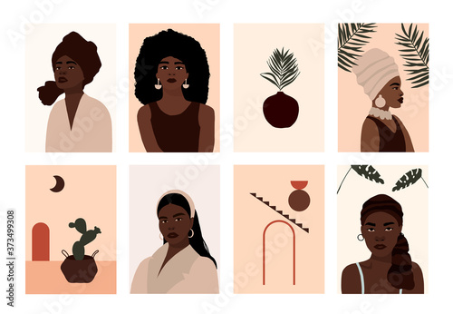Set of abstract modern african american woman faces portraits artistic trendy background poster cards. Trendy art dark skin female minimal poster wall print. Vector illustration in flat style