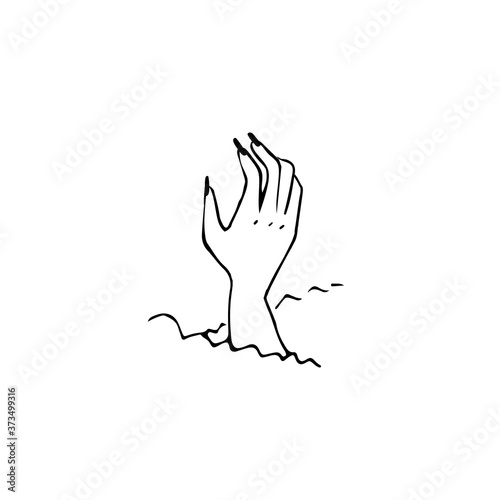 Halloween doodle zombie hand rising from the ground. Spooky and fun hand drawn icon for halloween decorations and stickers. EPS 8