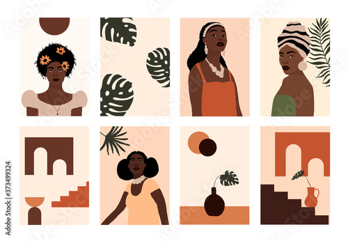 Set of abstract modern african american woman faces portraits artistic trendy background poster cards. Trendy art dark skin female minimal poster wall print. Vector illustration in flat style