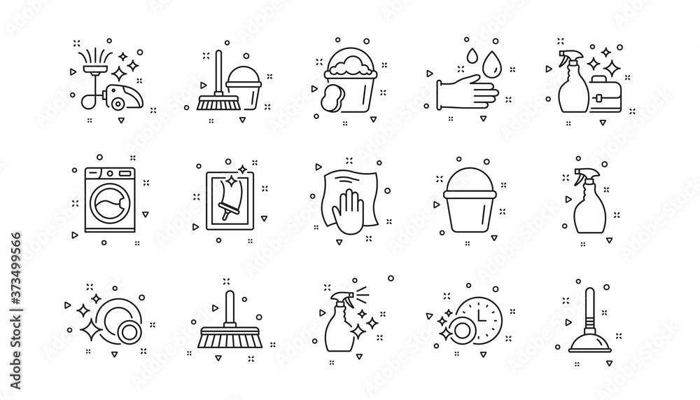 Laundry, Window sponge and Vacuum cleaner. Cleaning line icons. Washing machine linear icon set. Geometric elements. Quality signs set. Vector