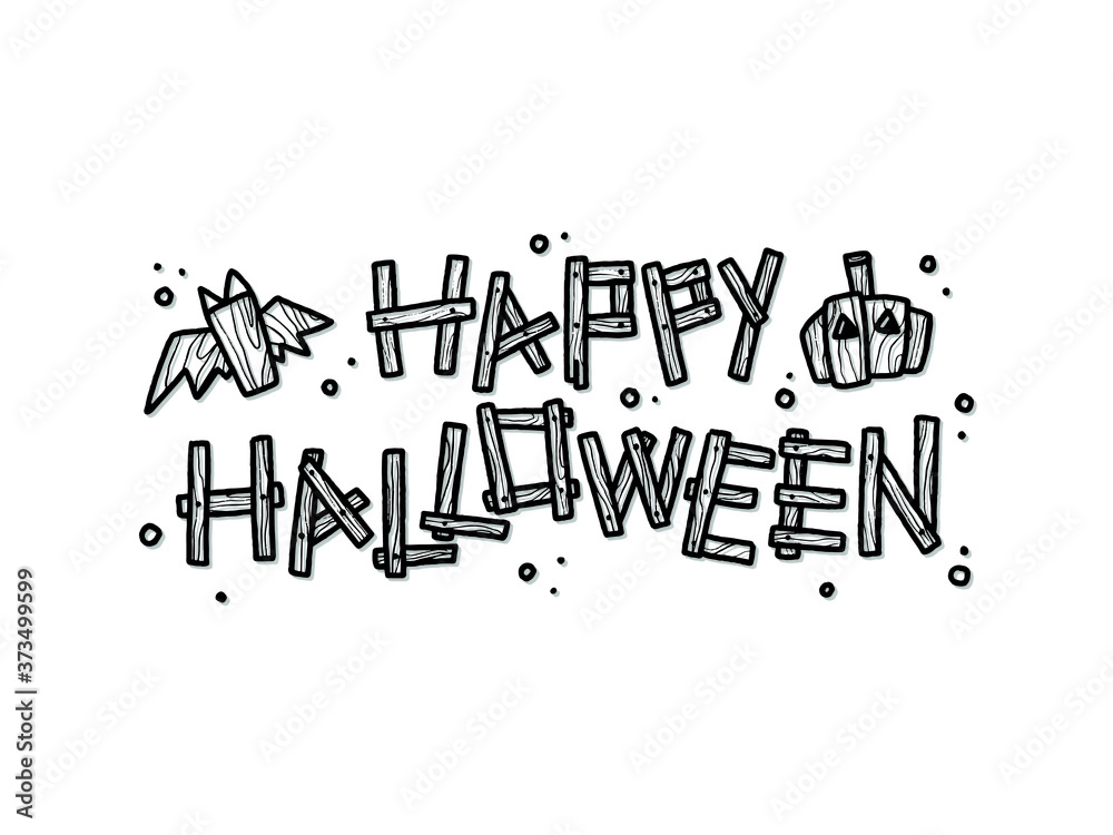 Obraz premium Text happy halloween and bat and pumpkin for Halloween day poster advertising. Hand written lettering isolated on orange background.Vector template for poster, social network, banner, cards.