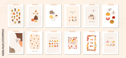 Autumn mood greeting card poster template. Welcome fall season thanksgiving invitation. Minimalist postcard nature leaves, trees, pumpkins, abstract shapes. Vector illustration in flat cartoon style