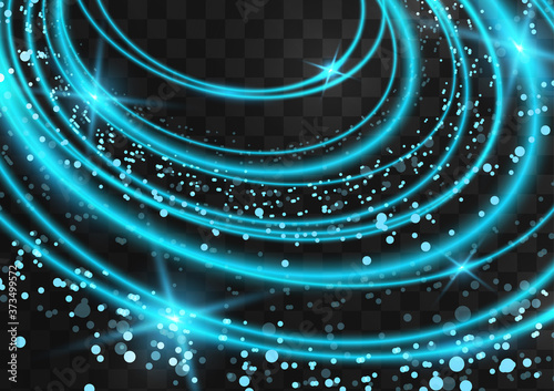 Frame of bright neon blue oval rings with glitter, sparkles and flashes on a dark transparent background. Vector