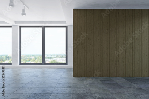 Empty Office Room without People with Wooden Wall   Panoramic Windows and Tile Floor  Simple Interior  Minimalistic Modern Inside Decor  3D Rendering Illustration  Contemporary Graphic Design