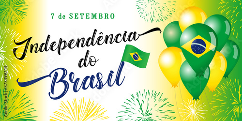7 September, Portuguese text: Brazil Independence Day poster. Patriotic holiday horizontal greeting card design with flag, balloons in Brazilian national colors and salute. Vector illustration