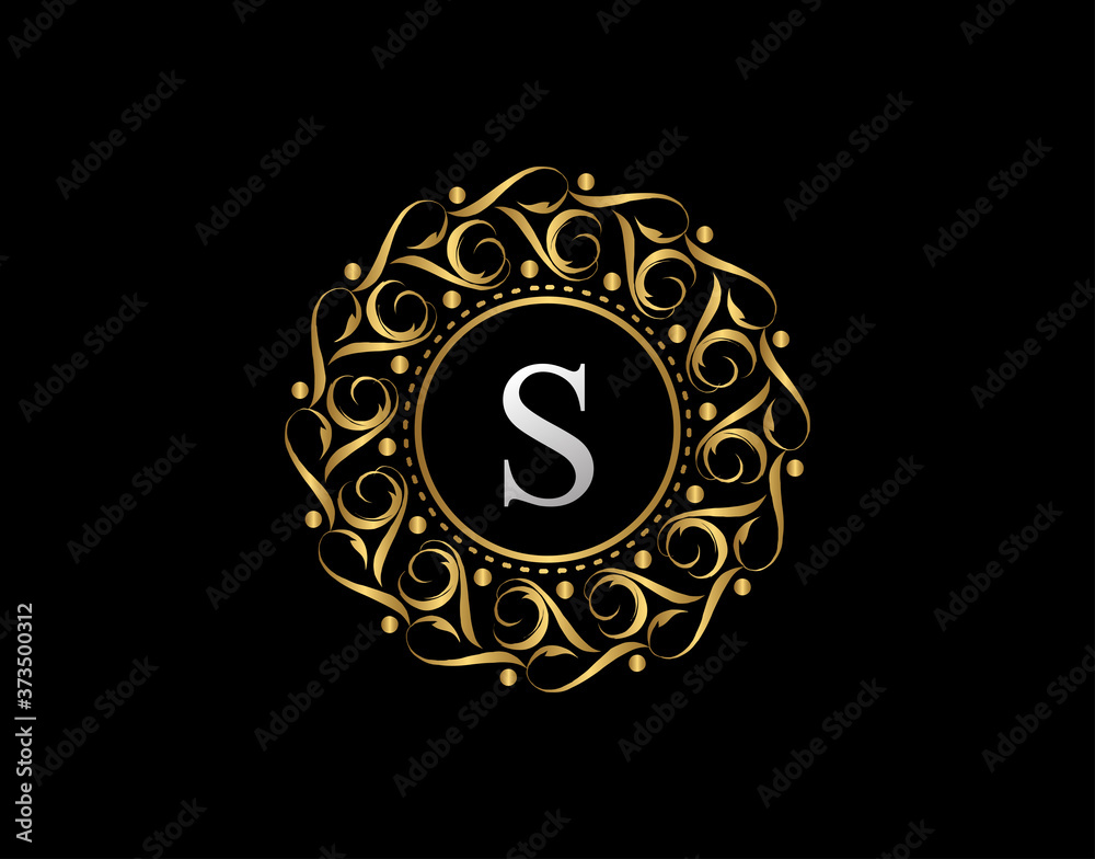 Gold Calligraphic Badge with Letter S Design. Ornamental luxury golden logo design vector illustration. Gold Calligraphic Badge with Letter S Design. Ornamental luxury golden logo design vector illustration.