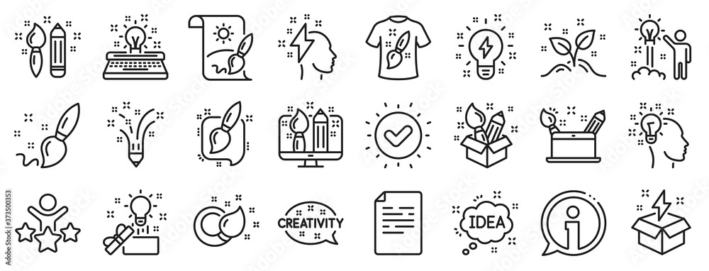 Set of Design, Idea and Inspiration linear icons. Creativity brush line icons. Imagination, Idea box and Creative design. Brush with draw pencil, T shirt and Out of the box creativity. Vector