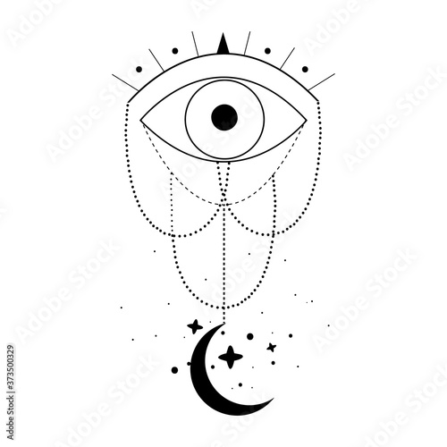 Alchemy esoteric mystical magic celestial talisman with evil eye, moon, stars sacred geometry isolated. Spiritual occultism object. Vector illustrations in black outline style