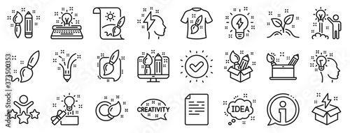Set of Design, Idea and Inspiration linear icons. Creativity brush line icons. Imagination, Idea box and Creative design. Brush with draw pencil, T shirt and Out of the box creativity. Vector photo