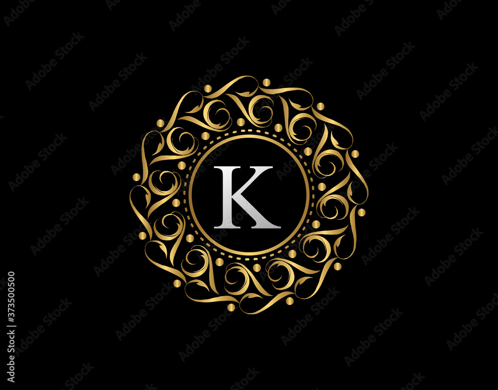 Gold Calligraphic Badge with Letter K Design. Ornamental luxury golden logo design vector illustration. Gold Calligraphic Badge with Letter K Design. Ornamental luxury golden logo design vector illustration.