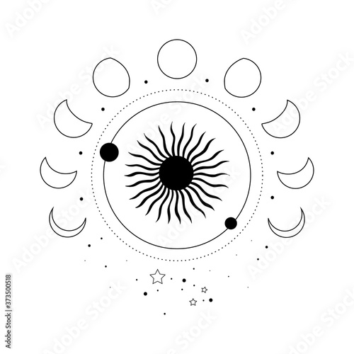 Alchemy esoteric mystical magic celestial talisman with sun, moon phases, stars sacred geometry isolated. Spiritual occultism object. Vector illustrations in black outline style