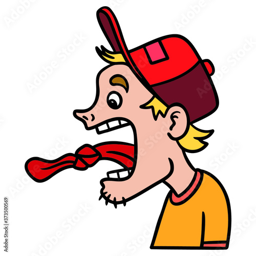 comic drawing of a boy in a cap with a knot in his tongue. Tongue-twister.