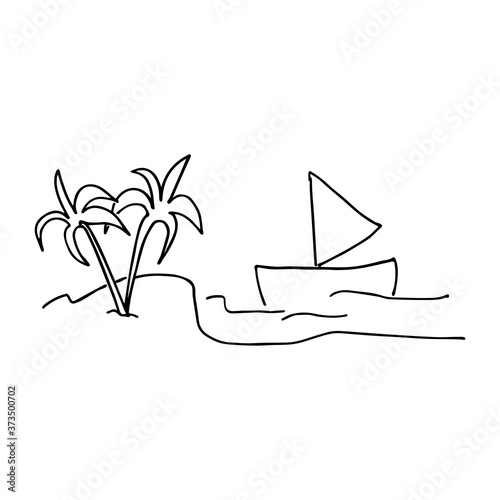 Hand drawn beach with palm trees and boat. Simple sketch palm tree and boat on shore, doodle art. Summer time background. Modern scribble for kids, sticker, logo. Hand drawn vector. Cartoon style. 