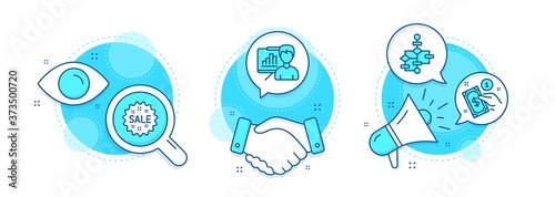Payment method, Sale and Block diagram line icons set. Handshake deal, research and promotion complex icons. Presentation board sign. Give money, Shopping star, Algorithm path. Growth chart. Vector