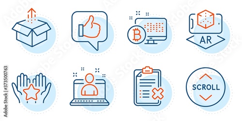 Bitcoin system, Scroll down and Like signs. Augmented reality, Best manager and Reject checklist line icons set. Send box, Ranking symbols. Phone simulation, Best developer. Technology set. Vector