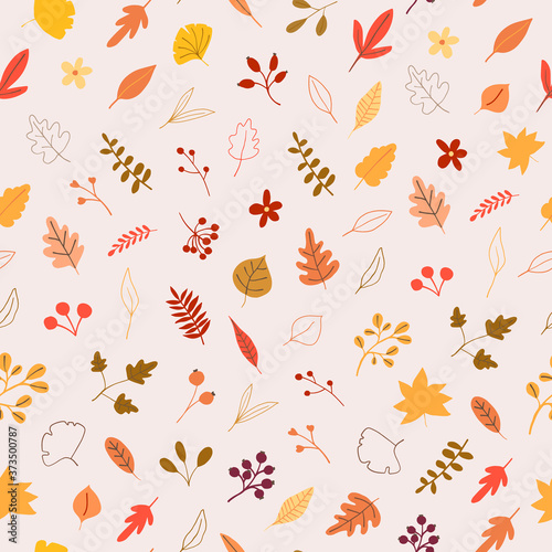 Autumn mood seamless pattern with yellow, orange leaves, berries. Welcome fall season thanksgiving background. Minimalist nature for fabric textile, packaging. Vector illustration flat cartoon style
