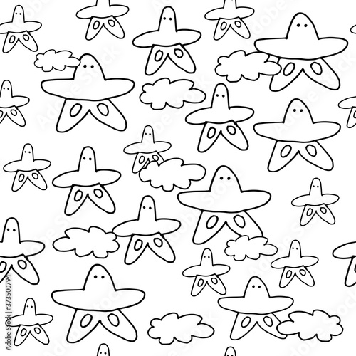 Seamless starfish and cloud pattern isolated on white background. Hand drawn vector. Modern scribble for kids, wallpaper, wrapping paper and gift. Simple sketch with pen, cartoon style. Doodle art. 