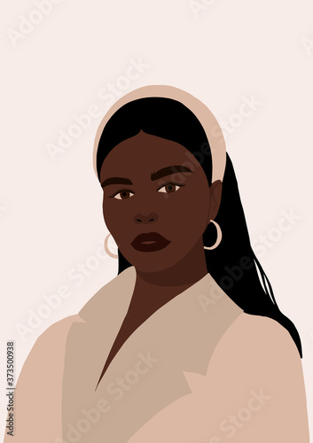 Modern young african american black woman portrait. Fashion minimal trendy female face with dark skin. Trendy minimal poster print. Vector hand drawn illustration