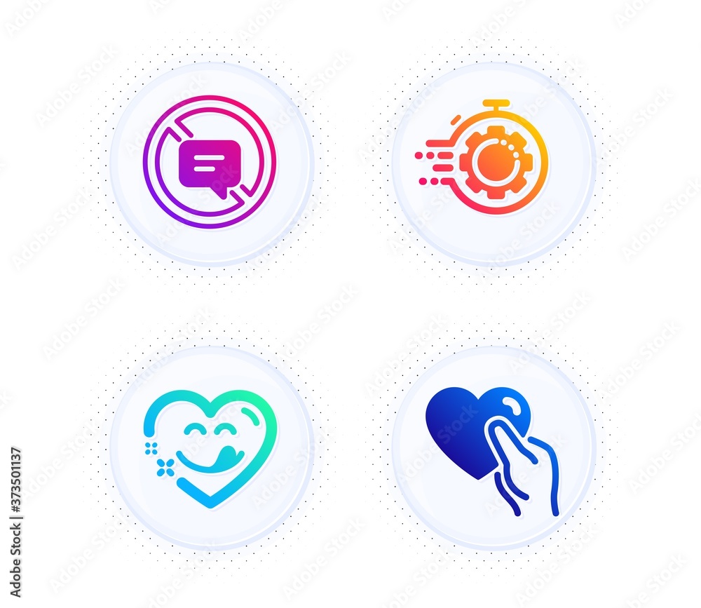 Yummy smile, Seo timer and Stop talking icons simple set. Button with halftone dots. Hold heart sign. Comic heart, Cogwheel, Do not talk. Friendship. Business set. Vector