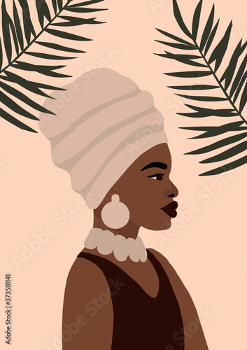 Modern young african american black woman portrait. Fashion minimal trendy female face with dark skin. Trendy minimal poster print. Vector hand drawn illustration