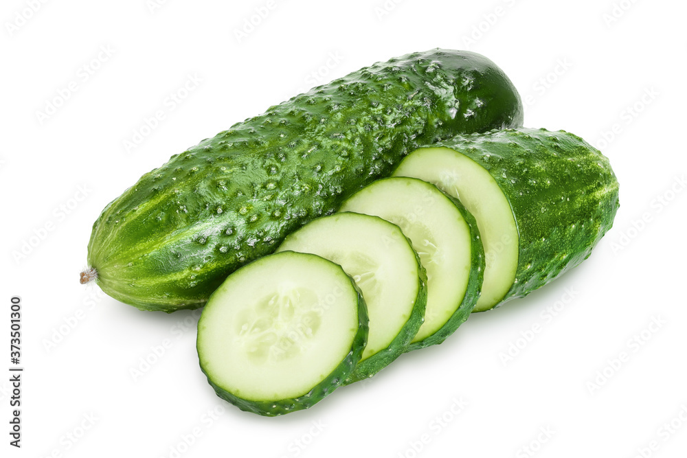 Sliced cucumber isolated on white background with clipping path and full depth of field, Sliced cucumber isolated on white background with clipping path and full depth of field,